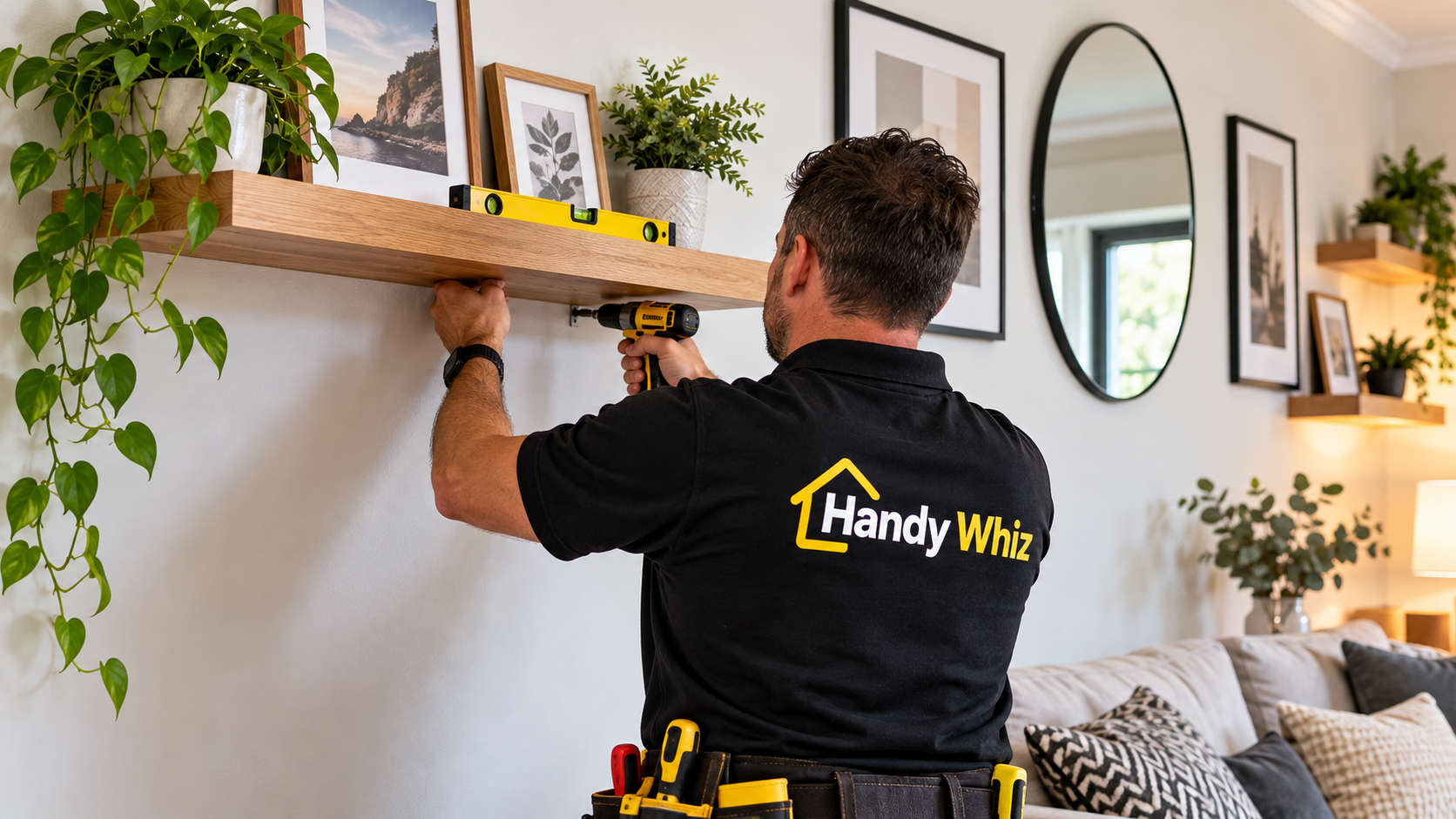 Professional picture, mirror and shelf hanging