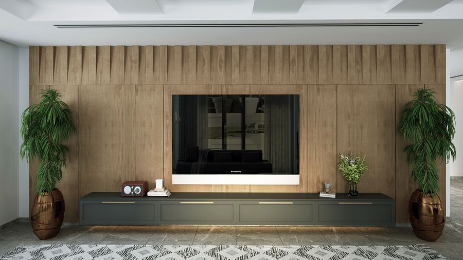 Slatted wood media wall